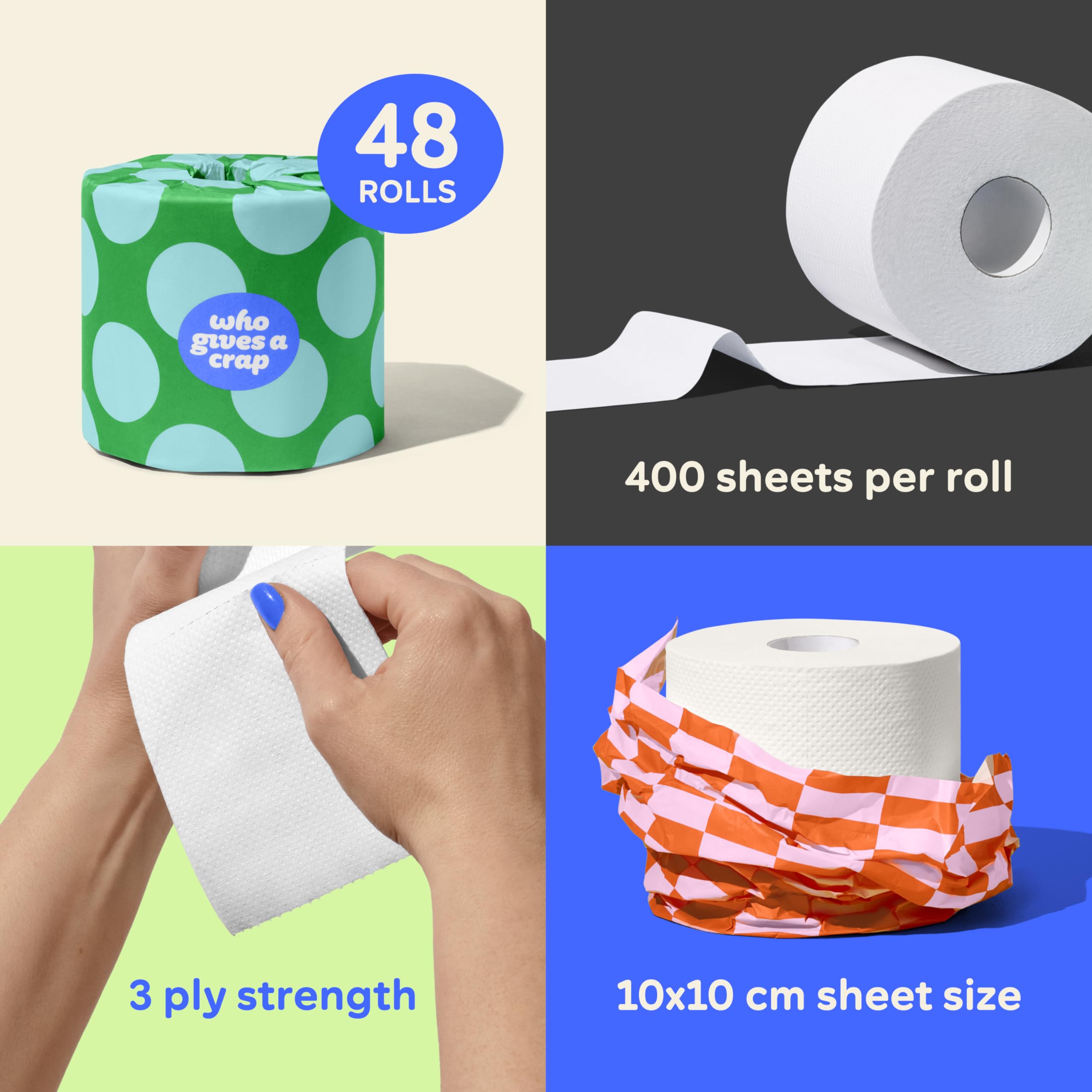 Who Gives A Crap 100% Recycled Toilet Roll 48 Pack 3-Ply 400 Sheets Per Roll Sustainable Eco Friendly Bathroom Tissue Box of 48 Bulk Buy - Damaged Box