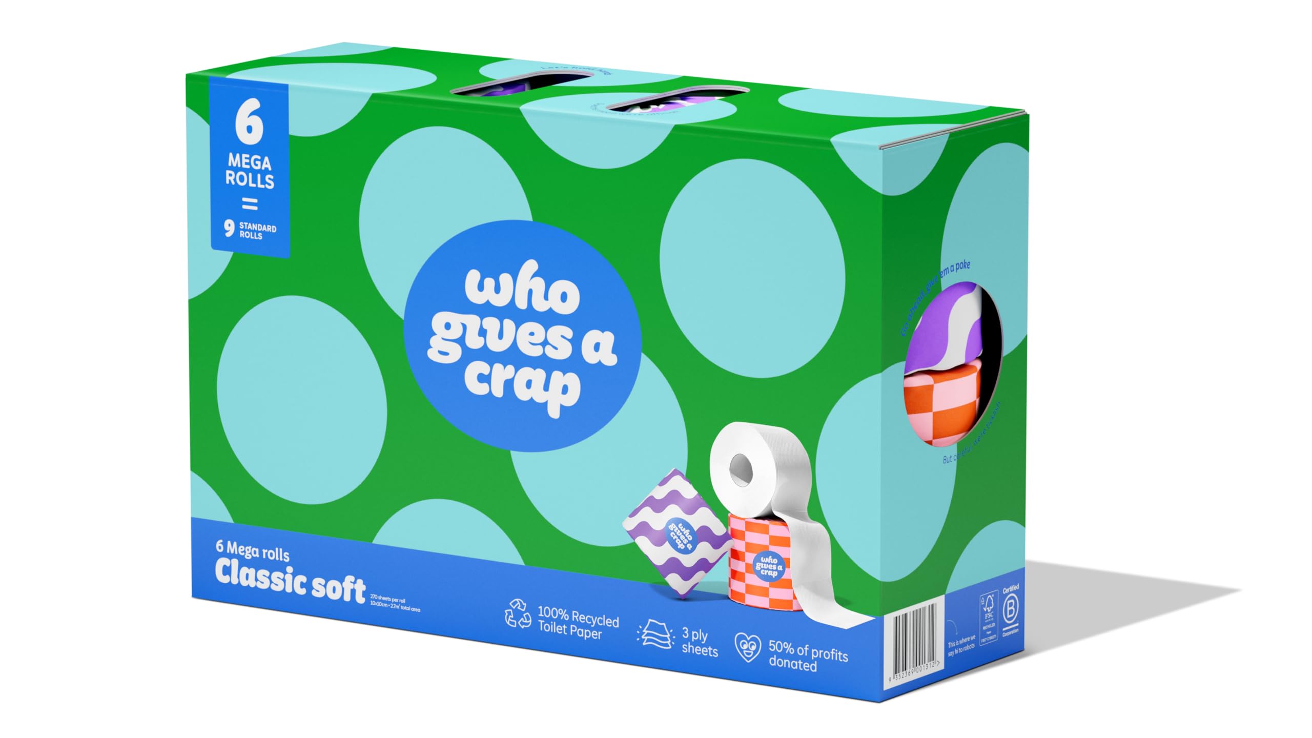 Who Gives A Crap 100% Recycled Toilet Roll Box of 24 Rolls 3-Ply 400 Sheets Eco Friendly Sustainable Bathroom Tissue Double Length Rolls - Damaged Box