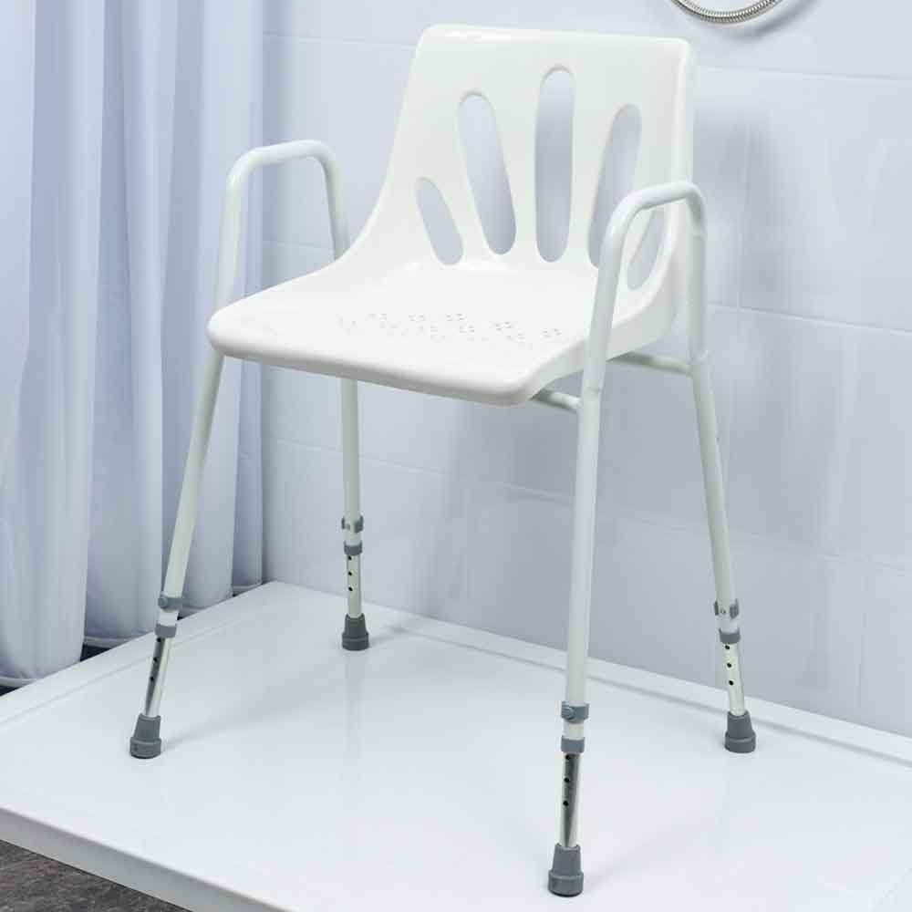 NRS Healthcare Shower Chair with Arms P01560 - Height Adjustable Bath Seat Stool with Backrest for Elderly and Disabled - White and Silver - Very Good