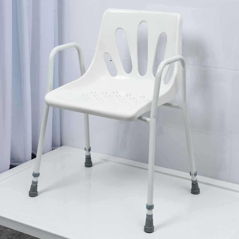 NRS Healthcare Shower Chair with Arms P01560 - Height Adjustable Bath Seat Stool with Backrest for Elderly and Disabled - White and Silver - Very Good