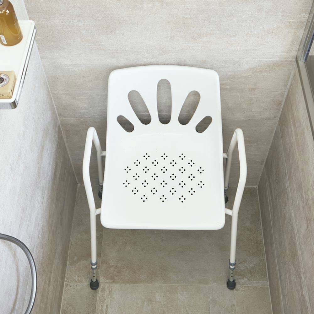NRS Healthcare Shower Chair with Arms P01560 - Height Adjustable Bath Seat Stool with Backrest for Elderly and Disabled - White and Silver - Very Good