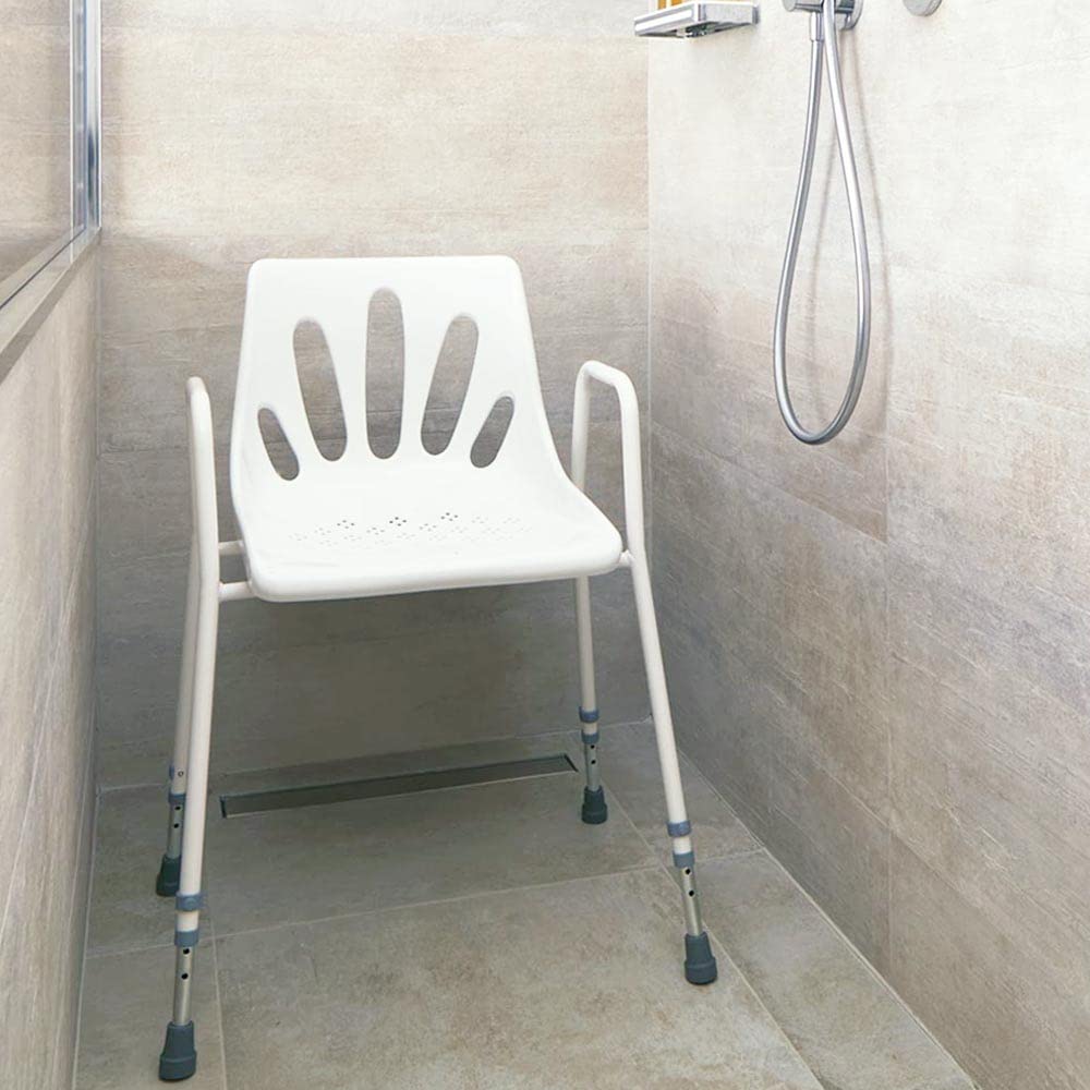 NRS Healthcare Shower Chair with Arms P01560 - Height Adjustable Bath Seat Stool with Backrest for Elderly and Disabled - White and Silver - Very Good