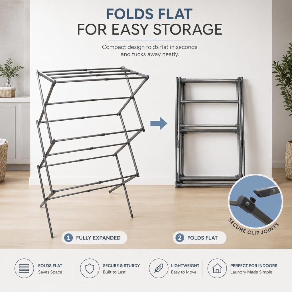 1Above 3 Tier Expandable Clothes Airer 7.5m Drying Space Indoor Laundry Drying Rack Compact Folding Steel Clothes Horse Cool Grey - Very Good