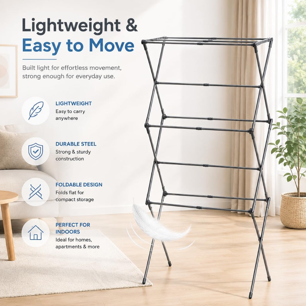1Above 3 Tier Expandable Clothes Airer 7.5m Drying Space Indoor Laundry Drying Rack Compact Folding Steel Clothes Horse Cool Grey - Very Good