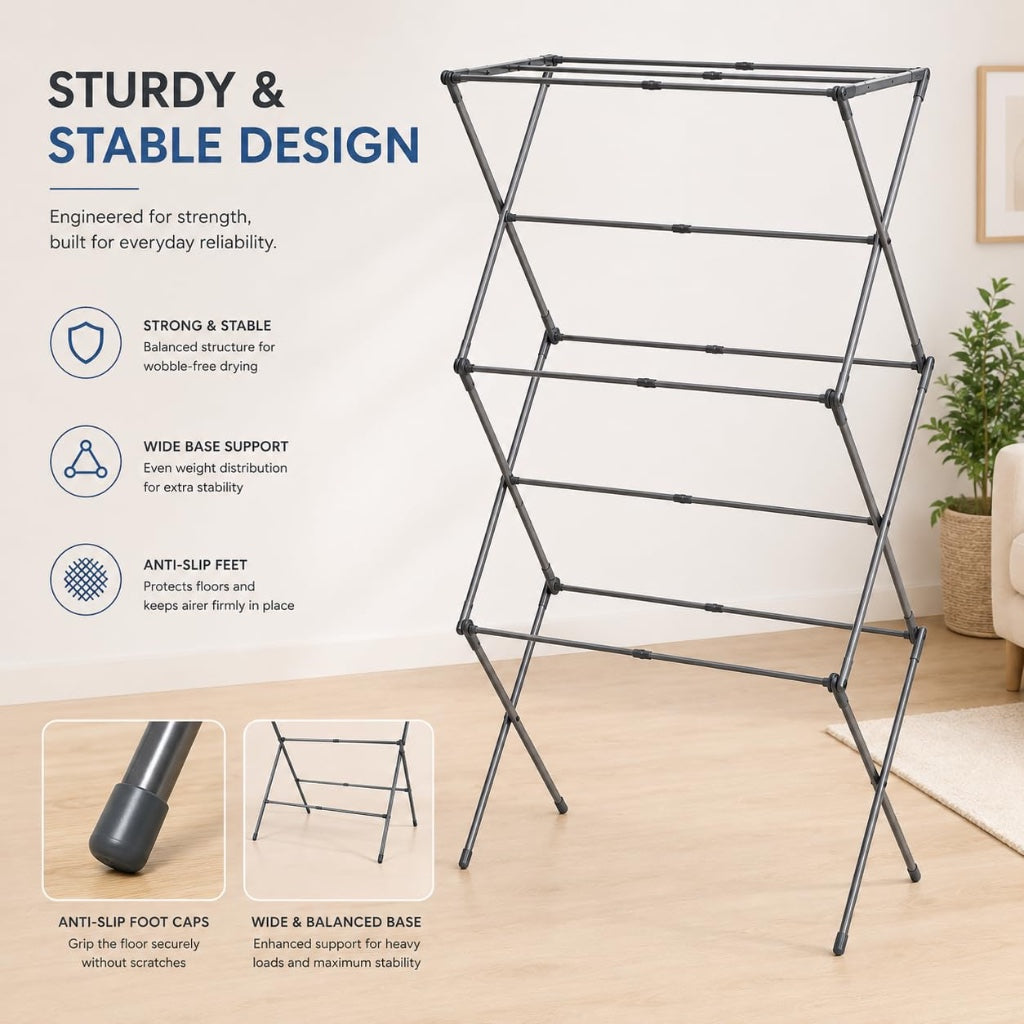 1Above 3 Tier Expandable Clothes Airer 7.5m Drying Space Indoor Laundry Drying Rack Compact Folding Steel Clothes Horse Cool Grey - Very Good