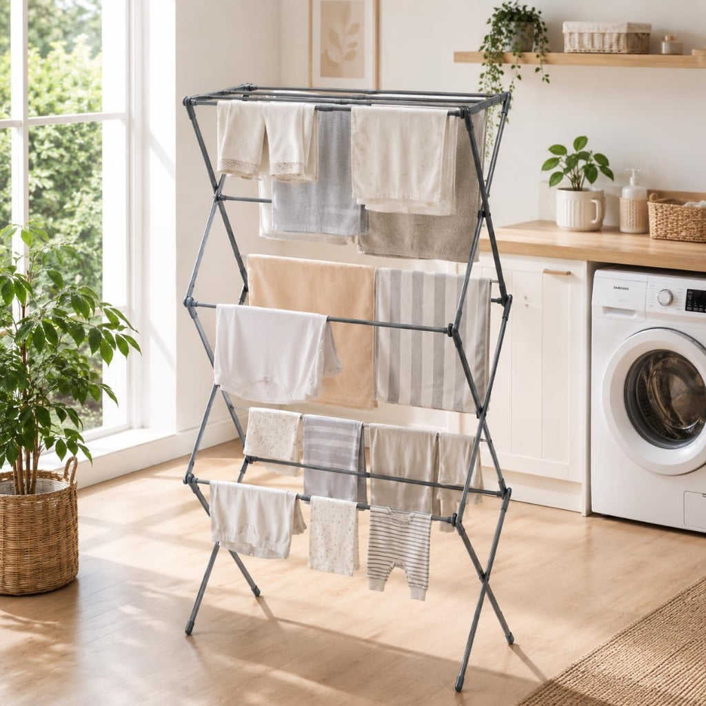 1Above 3 Tier Expandable Clothes Airer 7.5m Drying Space Indoor Laundry Drying Rack Compact Folding Steel Clothes Horse Cool Grey - Very Good