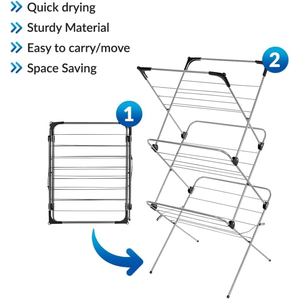 1ABOVE 3 Tier Clothes Airer Alloy Steel Laundry Drying Rack 15m Space Indoor Outdoor Folding Washing Line Horse with Hanger Hooks Silver - Like New