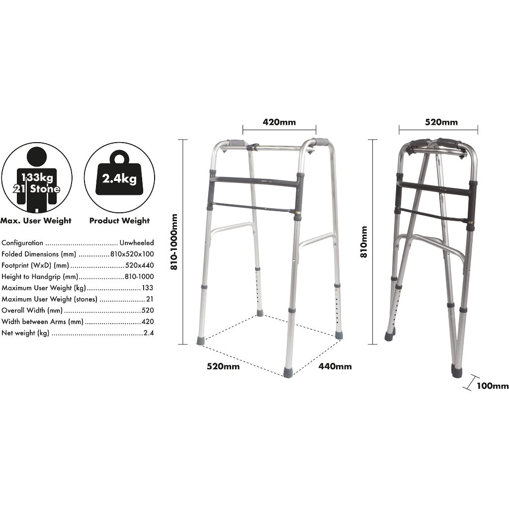 Aidapt Folding Walking Frame Adjustable Height Lightweight Aluminium Mobility Aid with Fast Fold Mechanism and Anti Slip Rubber Feet - Damaged Box
