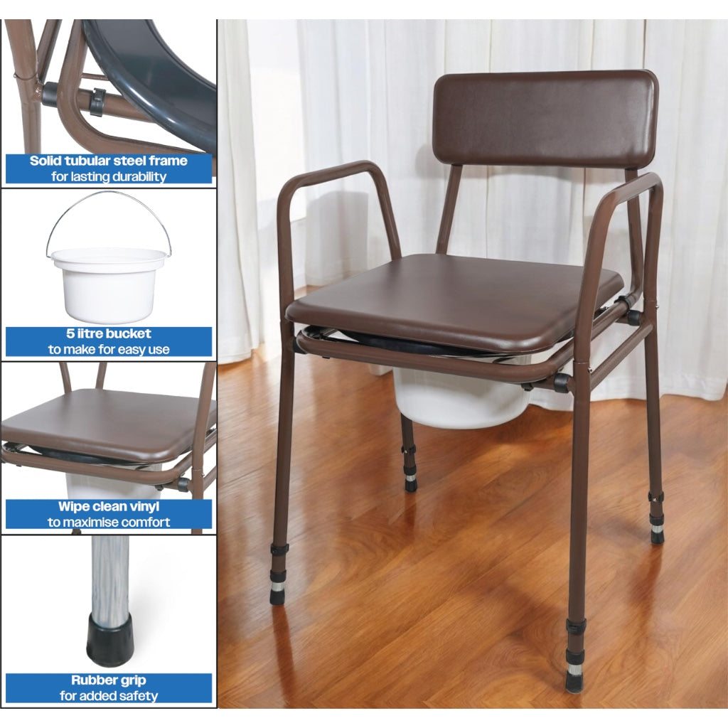 Aidapt Bedside Commode Chair Height Adjustable Portable Toilet with Padded Back and 5 Litre Pail for Elderly and Mobility Support - Brown - Very Good