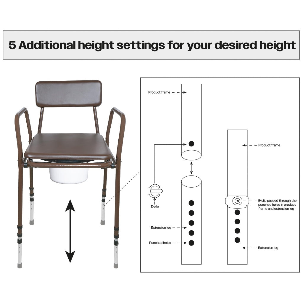 Aidapt Bedside Commode Chair Height Adjustable Portable Toilet with Padded Back and 5 Litre Pail for Elderly and Mobility Support - Brown - Very Good
