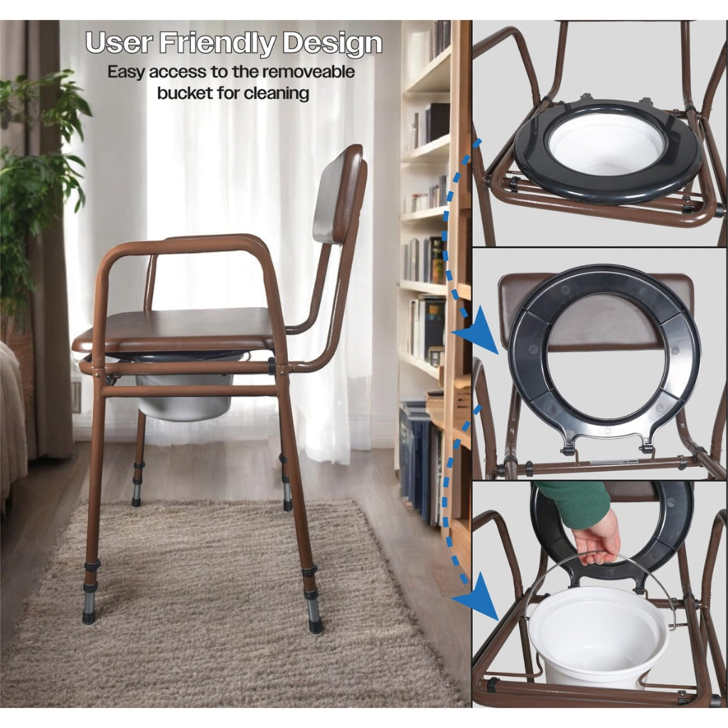 Aidapt Bedside Commode Chair Height Adjustable Portable Toilet with Padded Back and 5 Litre Pail for Elderly and Mobility Support - Brown - Very Good