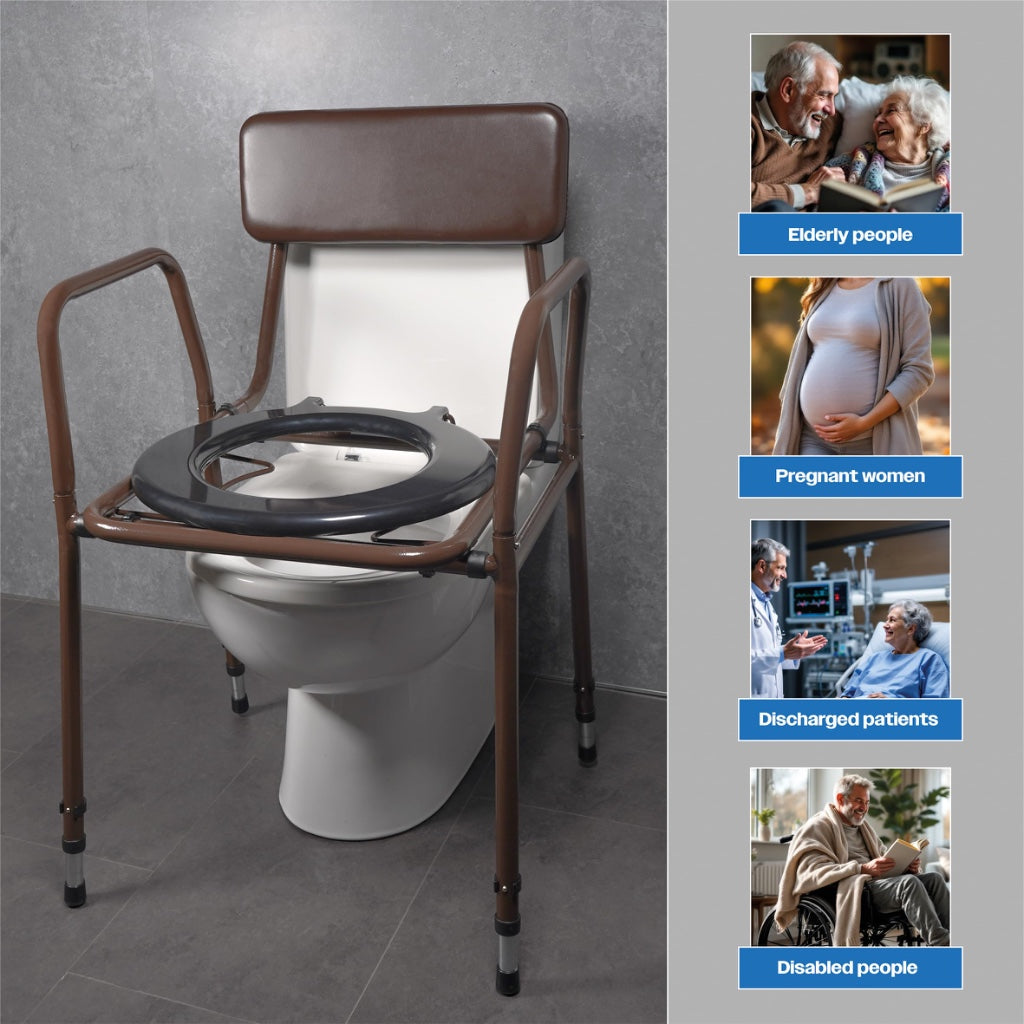 Aidapt Bedside Commode Chair Height Adjustable Portable Toilet with Padded Back and 5 Litre Pail for Elderly and Mobility Support - Brown - Very Good