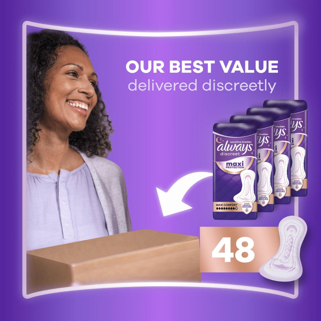 Always Discreet Maxi Comfort Incontinence Pads Level 9 Absorbency 48 Pack Extra Secure Bladder Weakness Towels for Women with Odour Lock - Damaged Box