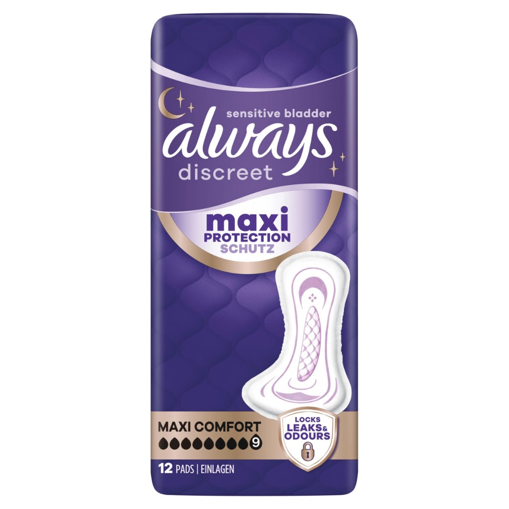 Always Discreet Maxi Comfort Incontinence Pads Level 9 Absorbency 48 Pack Extra Secure Bladder Weakness Towels for Women with Odour Lock - Damaged Box