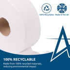 Andarta 2-Ply Jumbo Toilet Rolls White 76mm Core Pack of 6 Bulk 300m Recycled Paper High Capacity Rolls for Commercial Washrooms