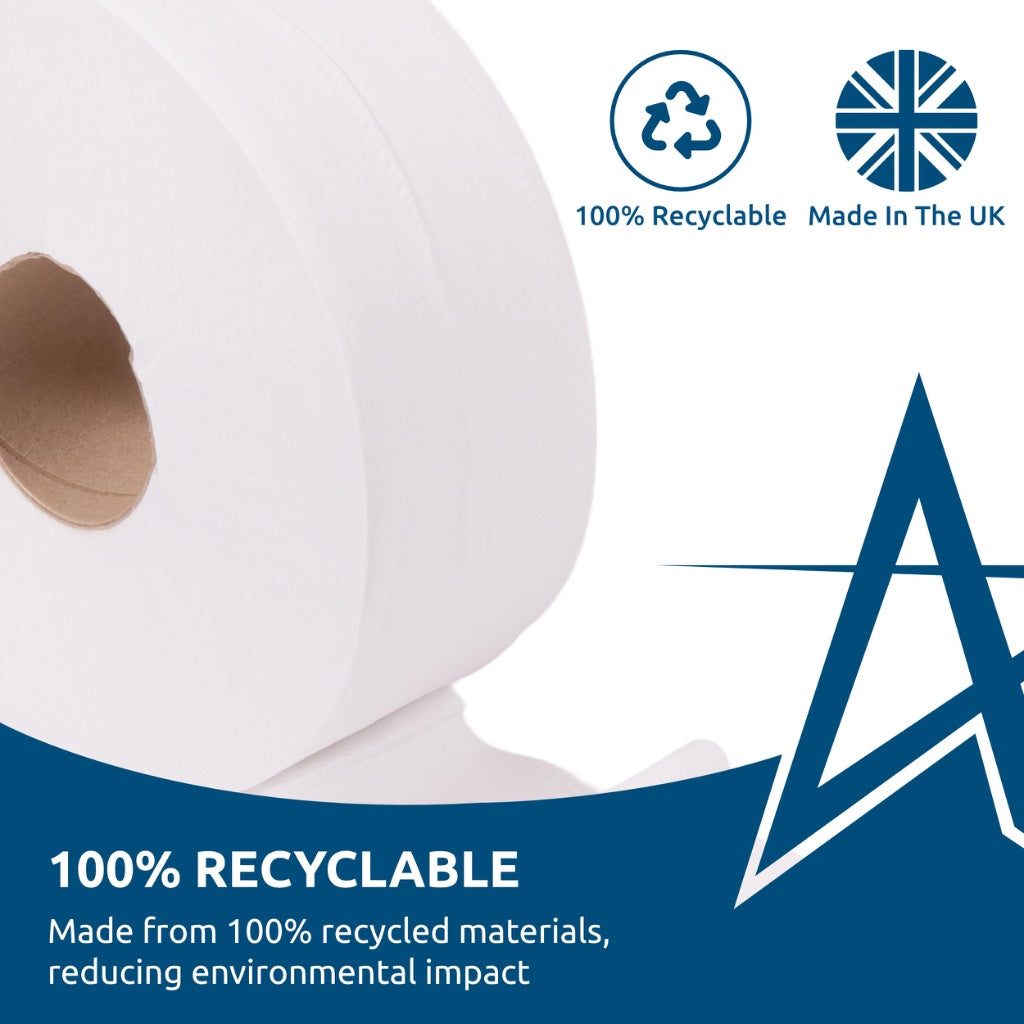 Andarta 2-Ply Jumbo Toilet Rolls White 76mm Core Pack of 6 Bulk 300m Recycled Paper High Capacity Rolls for Commercial Washrooms