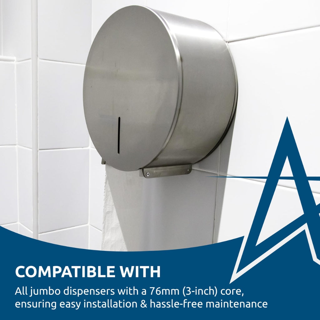 Andarta 2-Ply Jumbo Toilet Rolls White 76mm Core Pack of 6 Bulk 300m Recycled Paper High Capacity Rolls for Commercial Washrooms