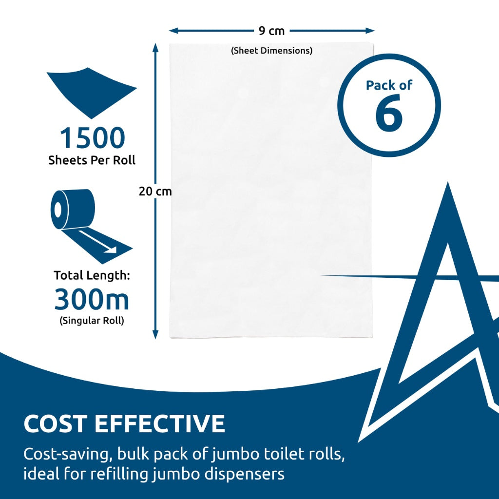 Andarta 2-Ply Jumbo Toilet Rolls White 76mm Core Pack of 6 Bulk 300m Recycled Paper High Capacity Rolls for Commercial Washrooms