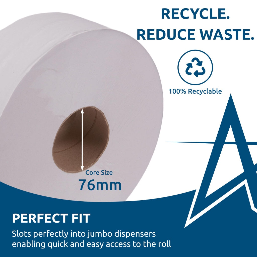 Andarta 2-Ply Jumbo Toilet Rolls White 76mm Core Pack of 6 Bulk 300m Recycled Paper High Capacity Rolls for Commercial Washrooms