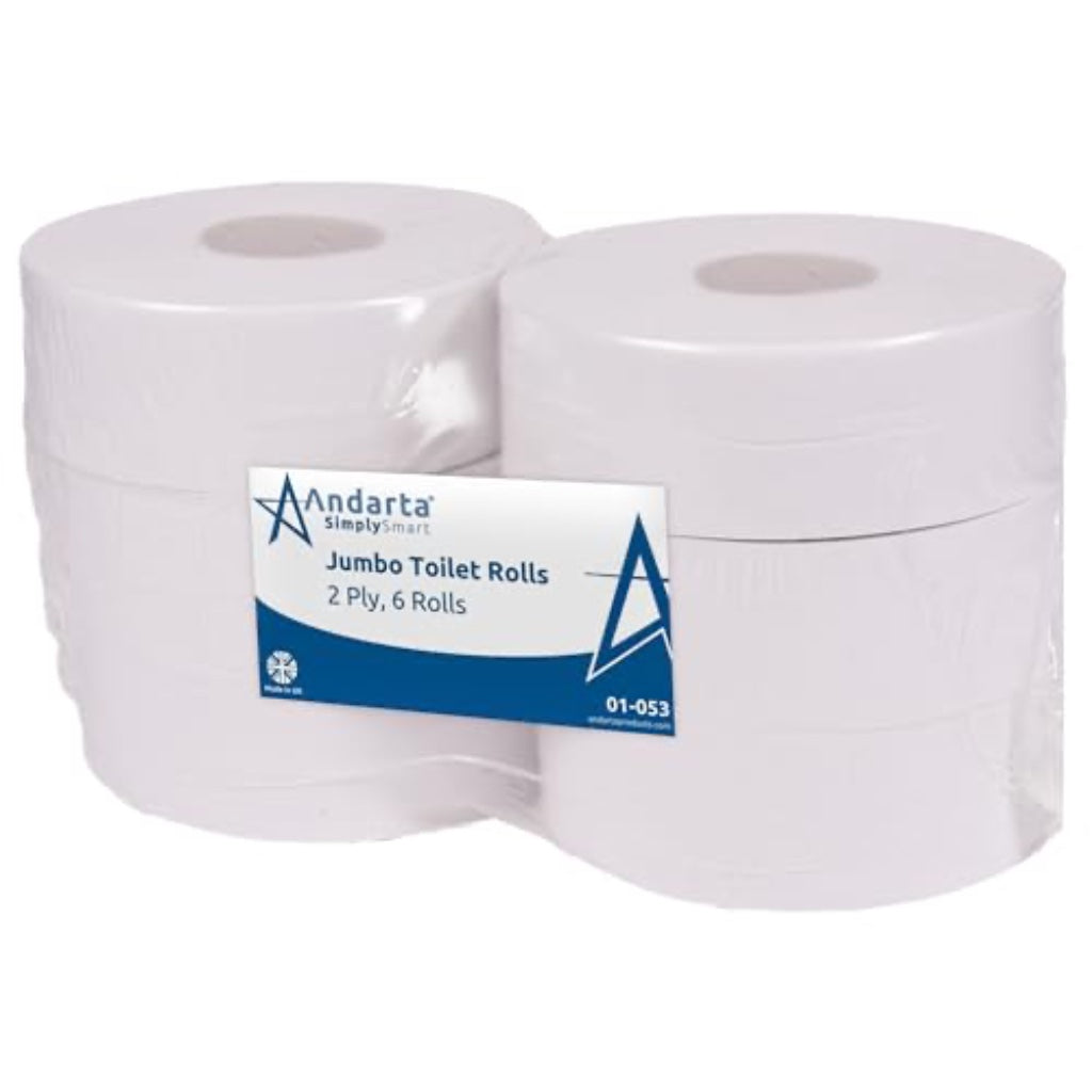 Andarta 2-Ply Jumbo Toilet Rolls White 76mm Core Pack of 6 Bulk 300m Recycled Paper High Capacity Rolls for Commercial Washrooms