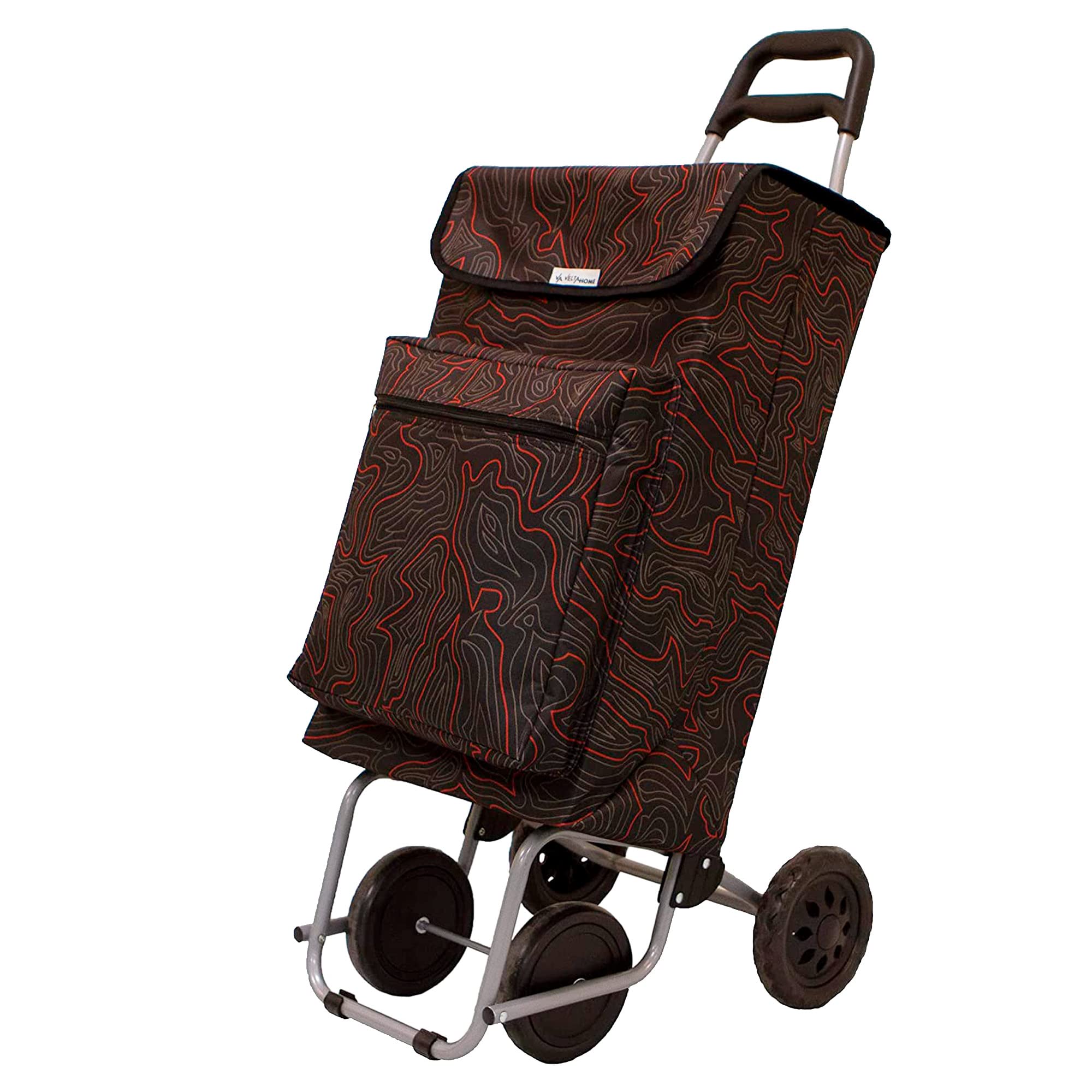Amig Lightweight Shopping Trolley 4 Wheel Push Along Cart with 48L Capacity External Freezer Pocket 15kg Max Load Black 106cm Height - Damaged Box