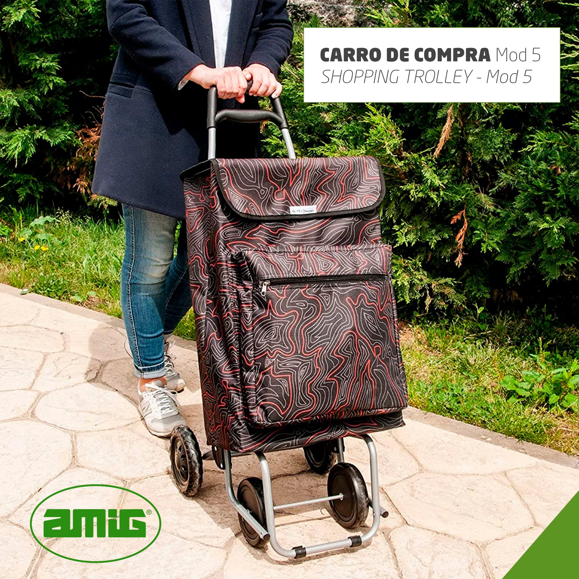 Amig Lightweight Shopping Trolley 4 Wheel Push Along Cart with 48L Capacity External Freezer Pocket 15kg Max Load Black 106cm Height - Damaged Box