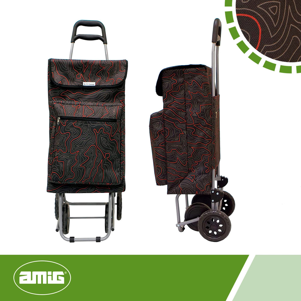 Amig Lightweight Shopping Trolley 4 Wheel Push Along Cart with 48L Capacity External Freezer Pocket 15kg Max Load Black 106cm Height - Damaged Box