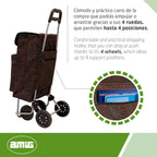 Amig Lightweight Shopping Trolley 4 Wheel Push Along Cart with 48L Capacity External Freezer Pocket 15kg Max Load Black 106cm Height - Damaged Box