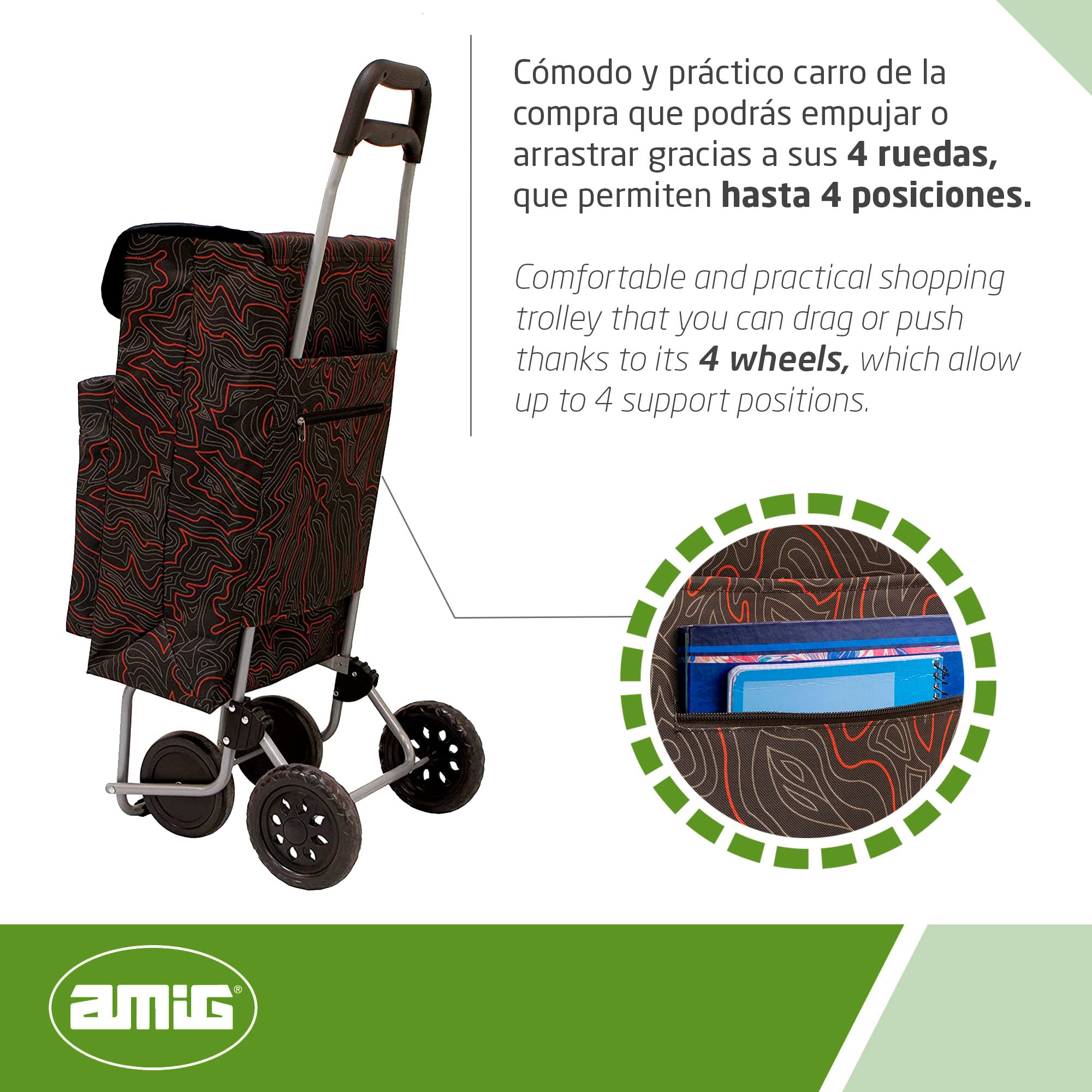 Amig Lightweight Shopping Trolley 4 Wheel Push Along Cart with 48L Capacity External Freezer Pocket 15kg Max Load Black 106cm Height - Damaged Box