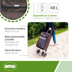 Amig Lightweight Shopping Trolley 4 Wheel Push Along Cart with 48L Capacity External Freezer Pocket 15kg Max Load Black 106cm Height - Damaged Box
