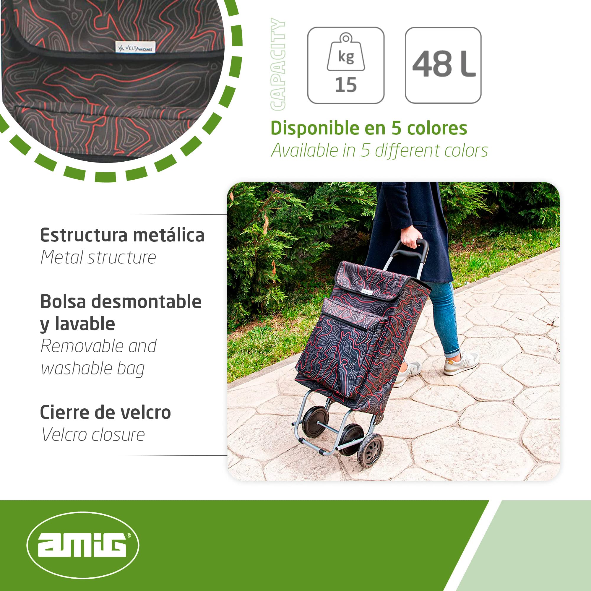 Amig Lightweight Shopping Trolley 4 Wheel Push Along Cart with 48L Capacity External Freezer Pocket 15kg Max Load Black 106cm Height - Damaged Box
