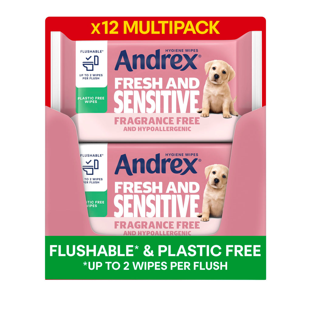 Andrex Fresh and Sensitive Hygiene Wipes 12 Pack - Flushable Moist Toilet Tissue - Hypoallergenic Fragrance Free Wet Wipes - 360 Sheets
