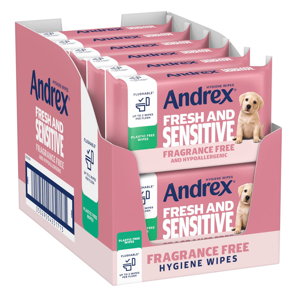 Andrex Fresh and Sensitive Hygiene Wipes 12 Pack - Flushable Moist Toilet Tissue - Hypoallergenic Fragrance Free Wet Wipes - 360 Sheets
