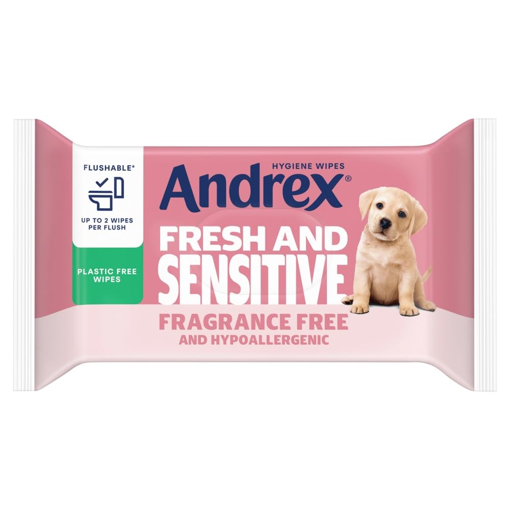Andrex Fresh and Sensitive Hygiene Wipes 12 Pack - Flushable Moist Toilet Tissue - Hypoallergenic Fragrance Free Wet Wipes - 360 Sheets