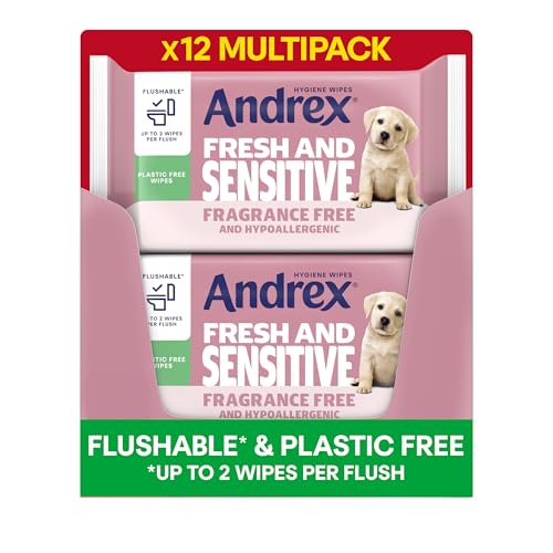 Andrex Fresh and Sensitive Hygiene Wipes 12 Pack - Flushable Moist Toilet Tissue - Hypoallergenic Fragrance Free Wet Wipes - 360 Sheets