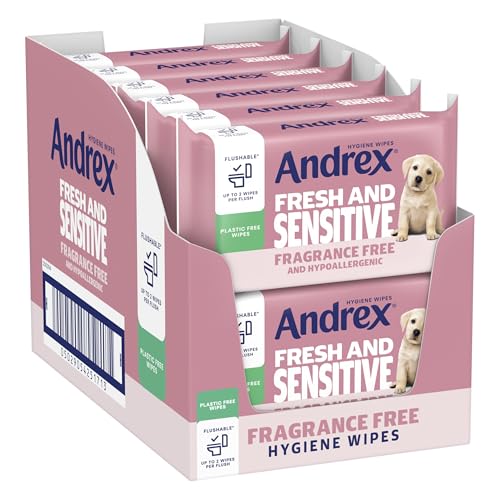 Andrex Fresh and Sensitive Hygiene Wipes 12 Pack - Flushable Moist Toilet Tissue - Hypoallergenic Fragrance Free Wet Wipes - 360 Sheets