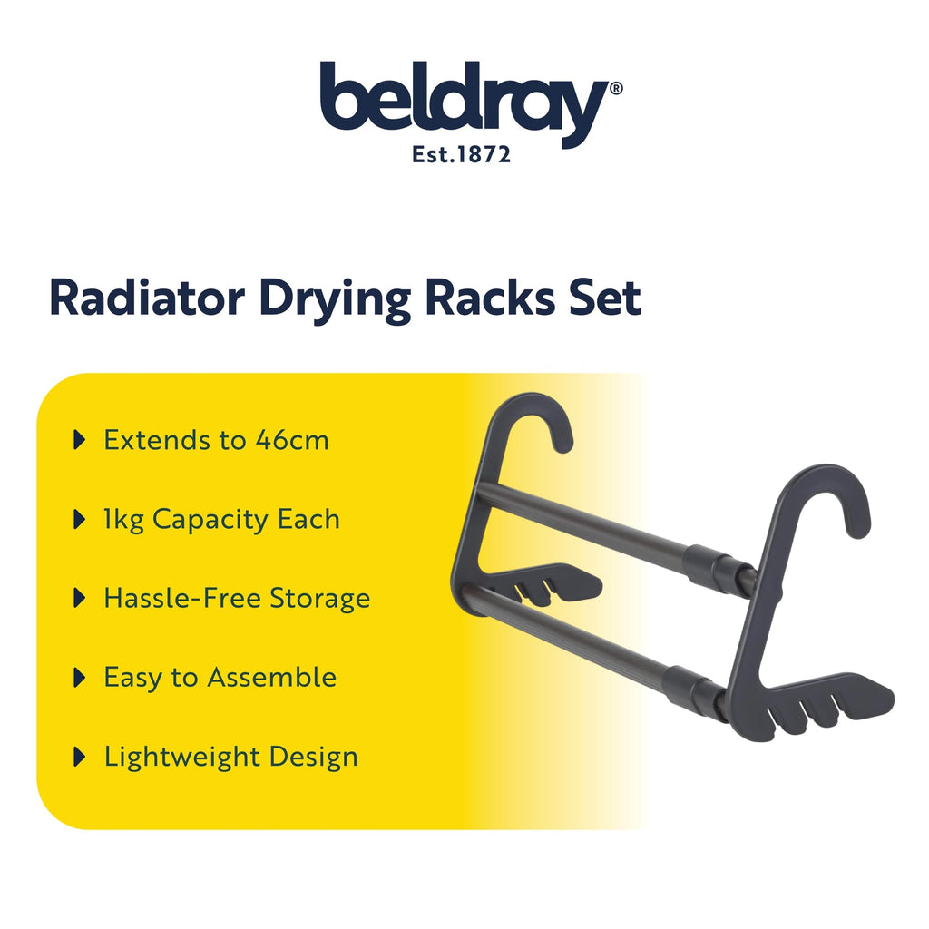 Beldray Over Radiator Airer Pack of 2 Extendable Clothes Drying Racks with Sock Clips White and Grey 46cm Laundry Rail for Towels and Linen - Damaged Box