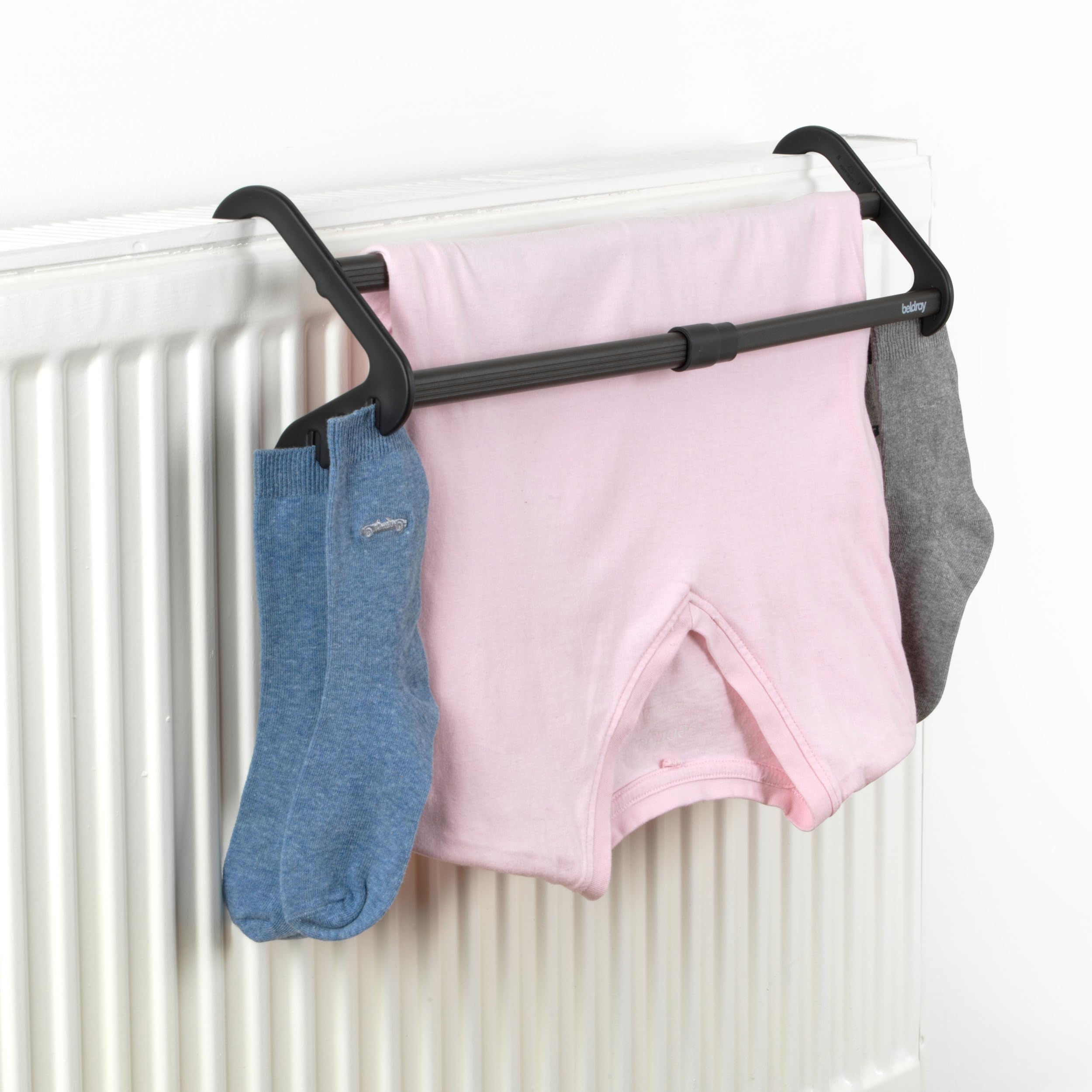Beldray Over Radiator Airer Pack of 2 Extendable Clothes Drying Racks with Sock Clips White and Grey 46cm Laundry Rail for Towels and Linen - Damaged Box