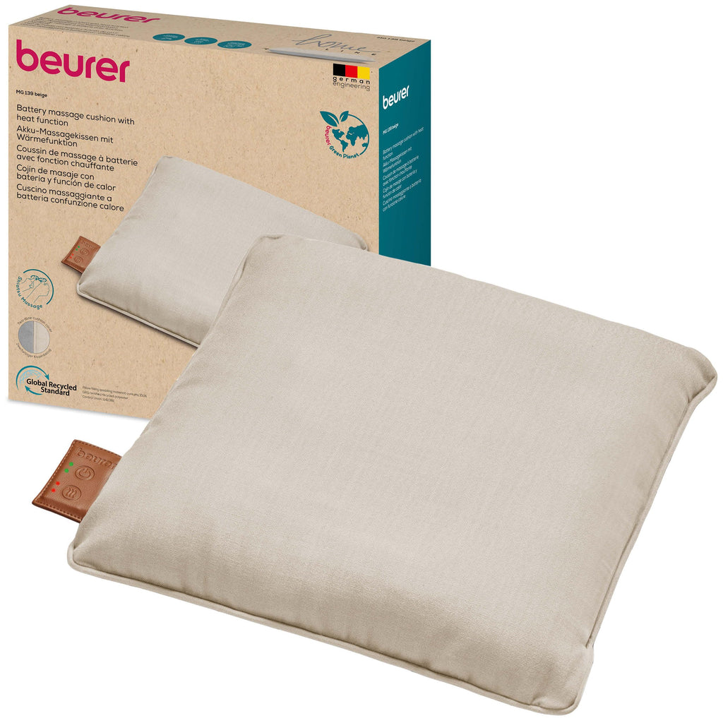Beurer MG 139 Massage Pillow with Heat Function Wireless Shiatsu Cushion 40 x 40 cm Recycled Material Machine Washable Cover Beige - Like New