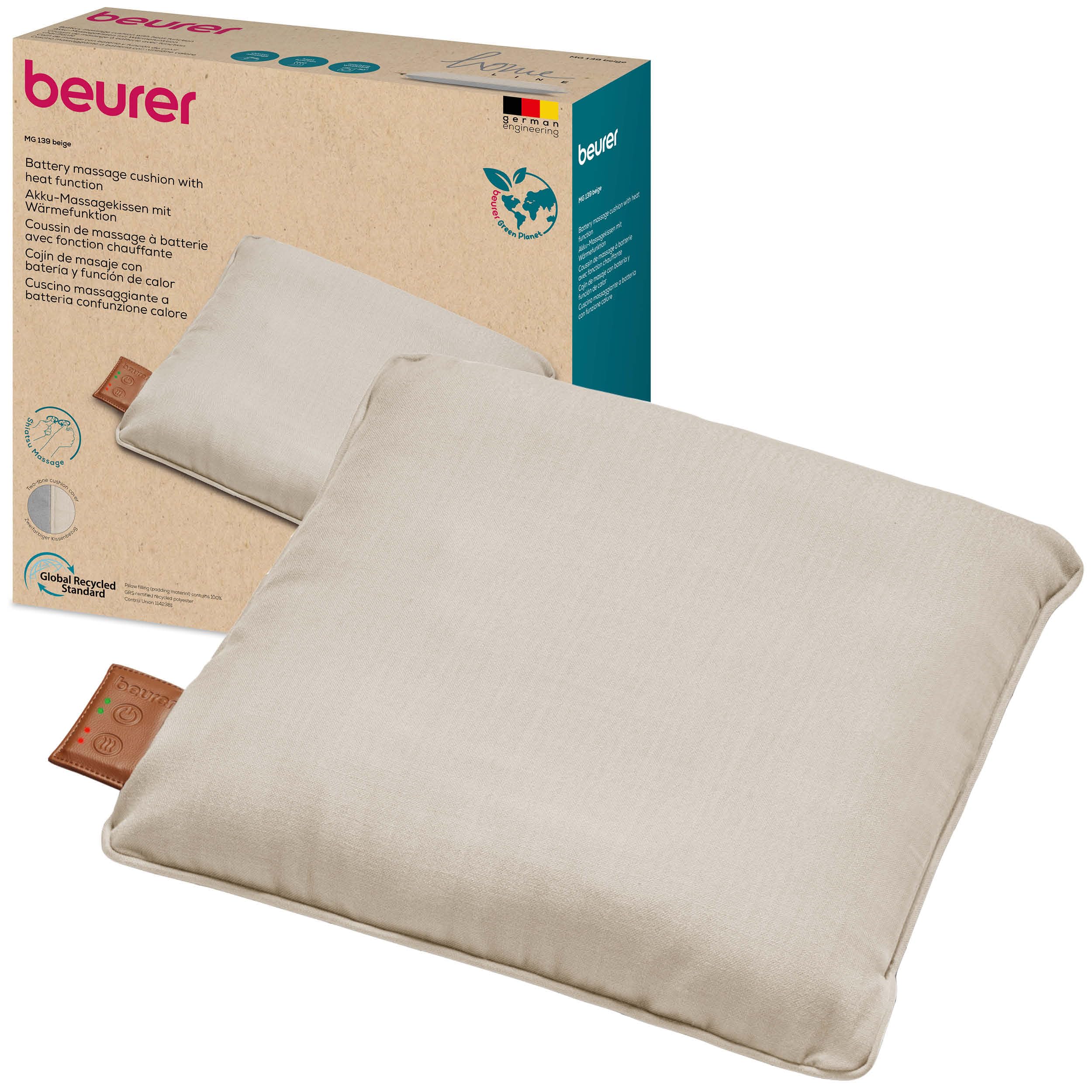 Beurer MG 139 Massage Pillow with Heat Function Wireless Shiatsu Cushion 40 x 40 cm Recycled Material Machine Washable Cover Beige - Like New