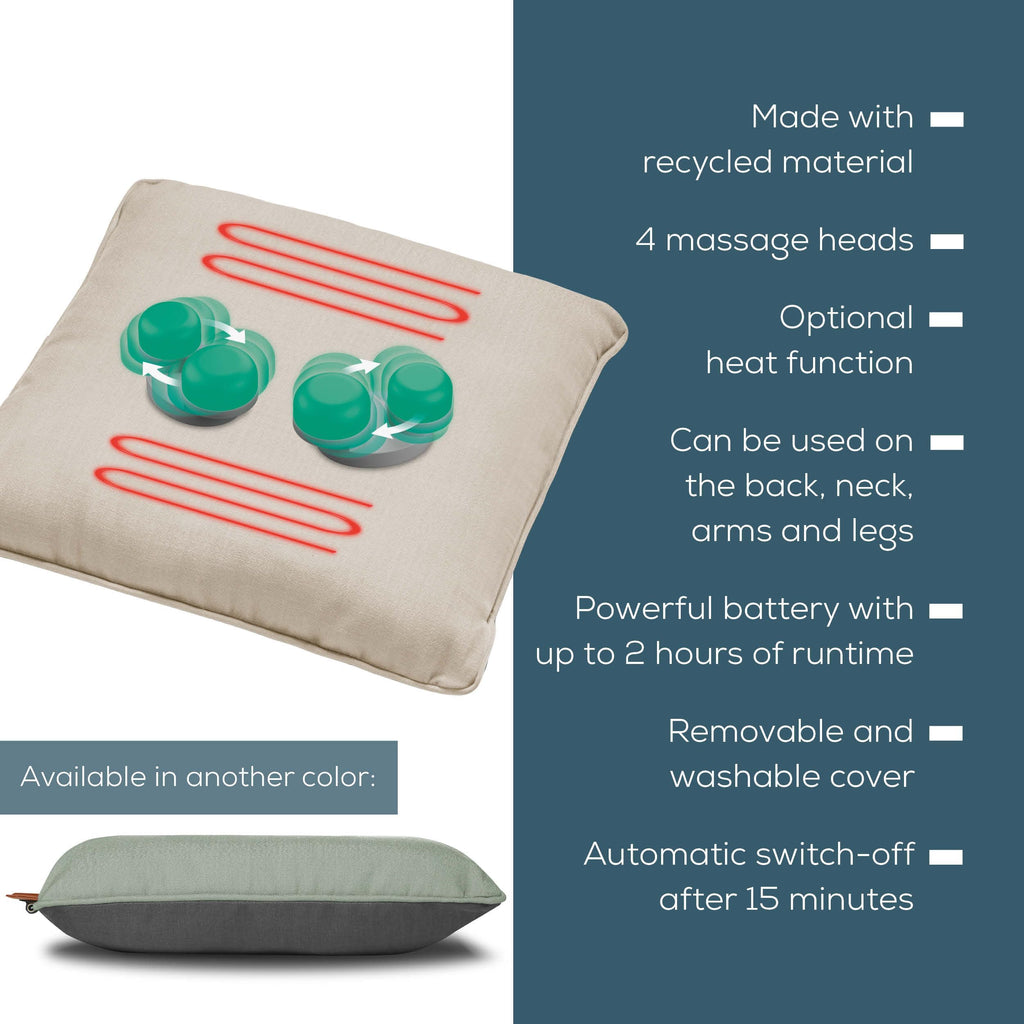 Beurer MG 139 Massage Pillow with Heat Function Wireless Shiatsu Cushion 40 x 40 cm Recycled Material Machine Washable Cover Beige - Like New