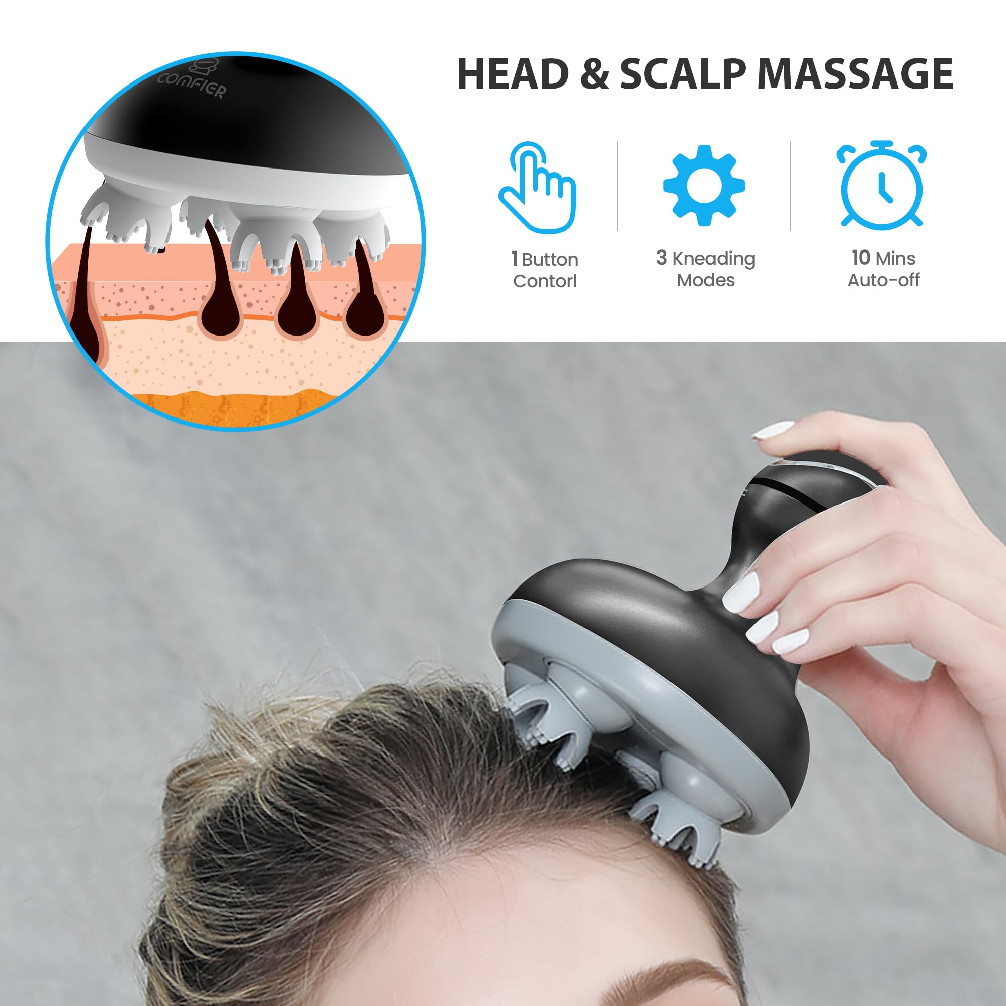 Comfier Electric Scalp Massager Waterproof Handheld Head Scratcher for Hair Growth Stress Relief and Portable Pet Massage Device White - Like New