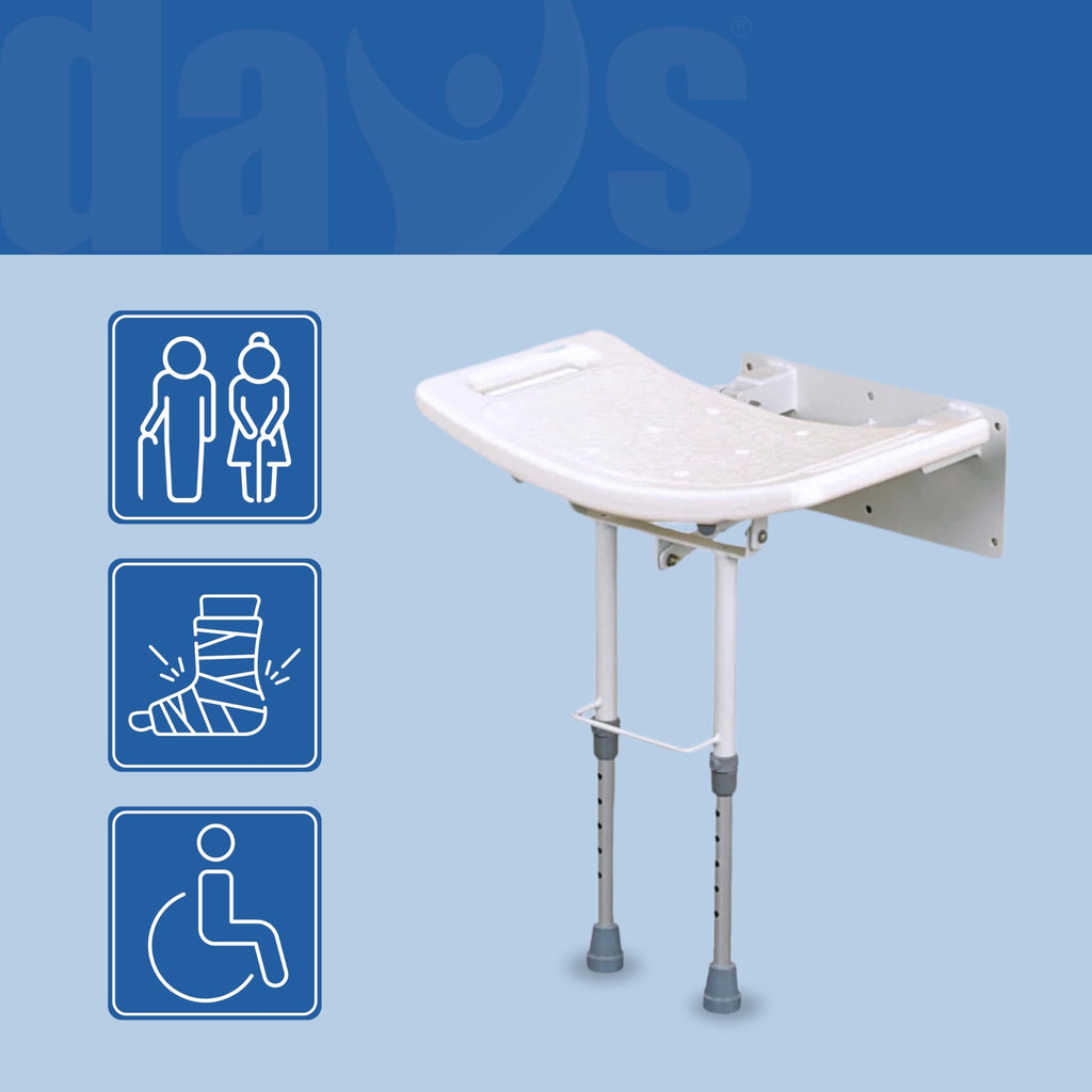 Days Wall Mounted Shower Seat with Legs Height Adjustable Folding Aluminium Shower Chair with Handles for Elderly and Disabled White