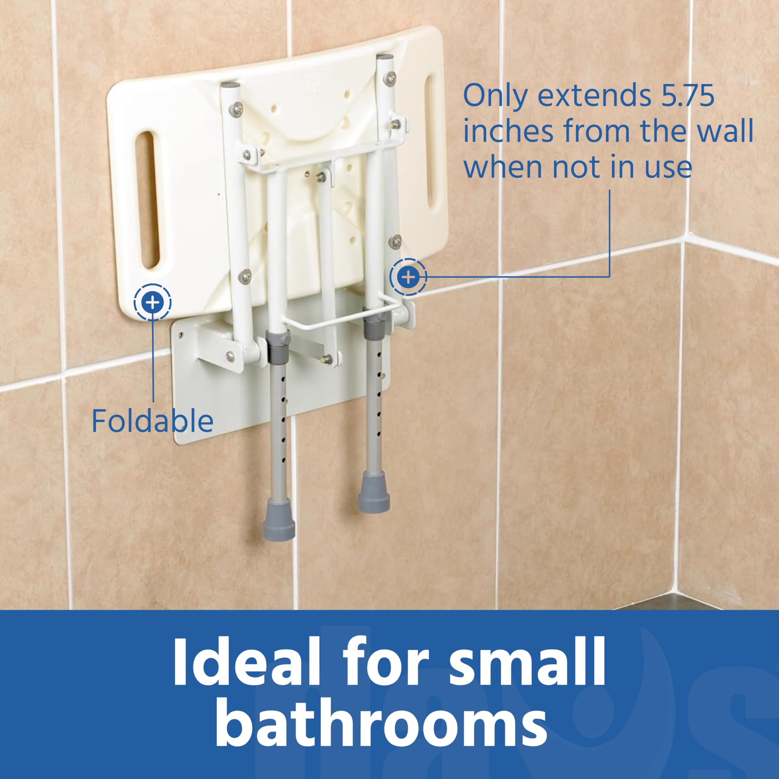 Days Wall Mounted Shower Seat with Legs Height Adjustable Folding Aluminium Shower Chair with Handles for Elderly and Disabled White