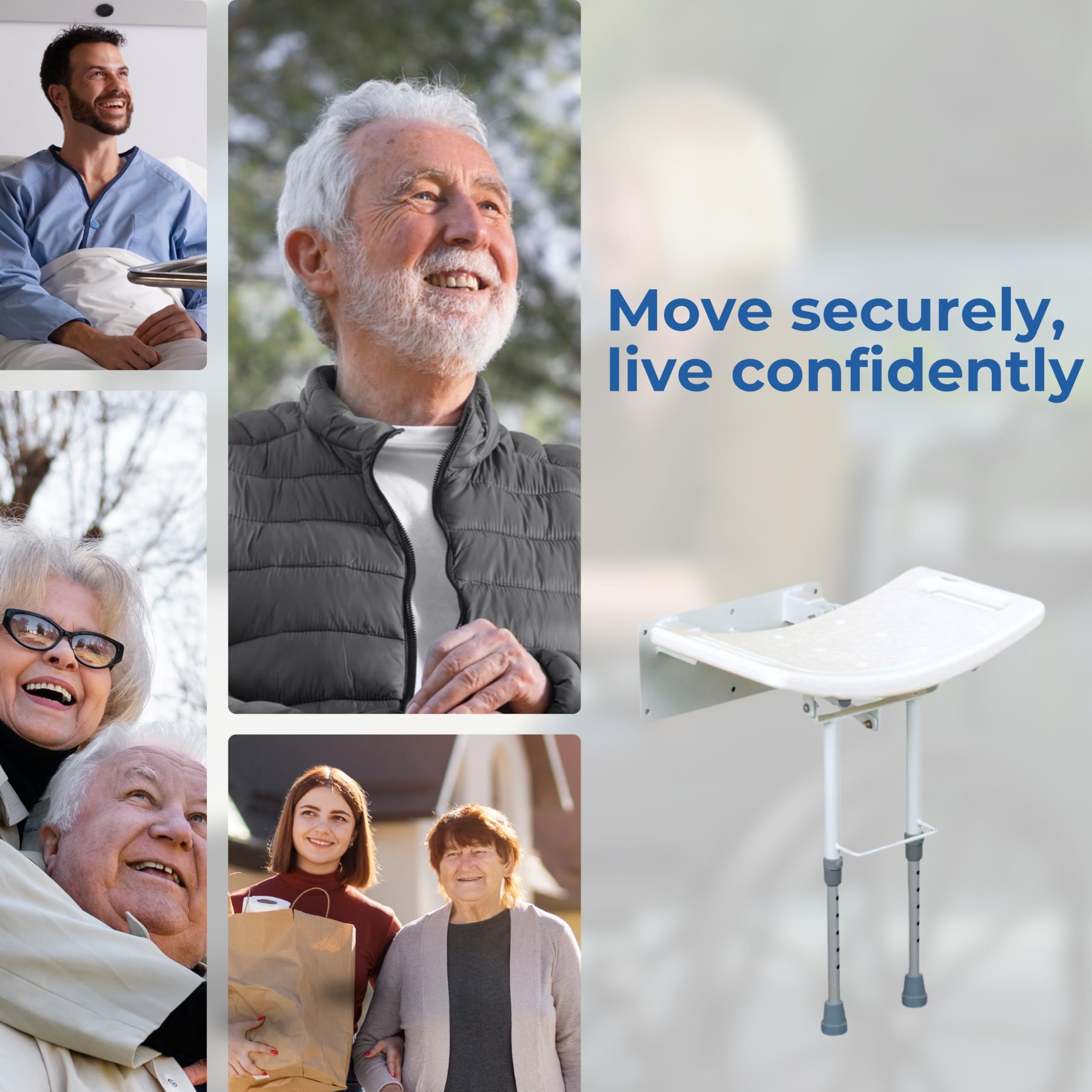 Days Wall Mounted Shower Seat with Legs Height Adjustable Folding Aluminium Shower Chair with Handles for Elderly and Disabled White