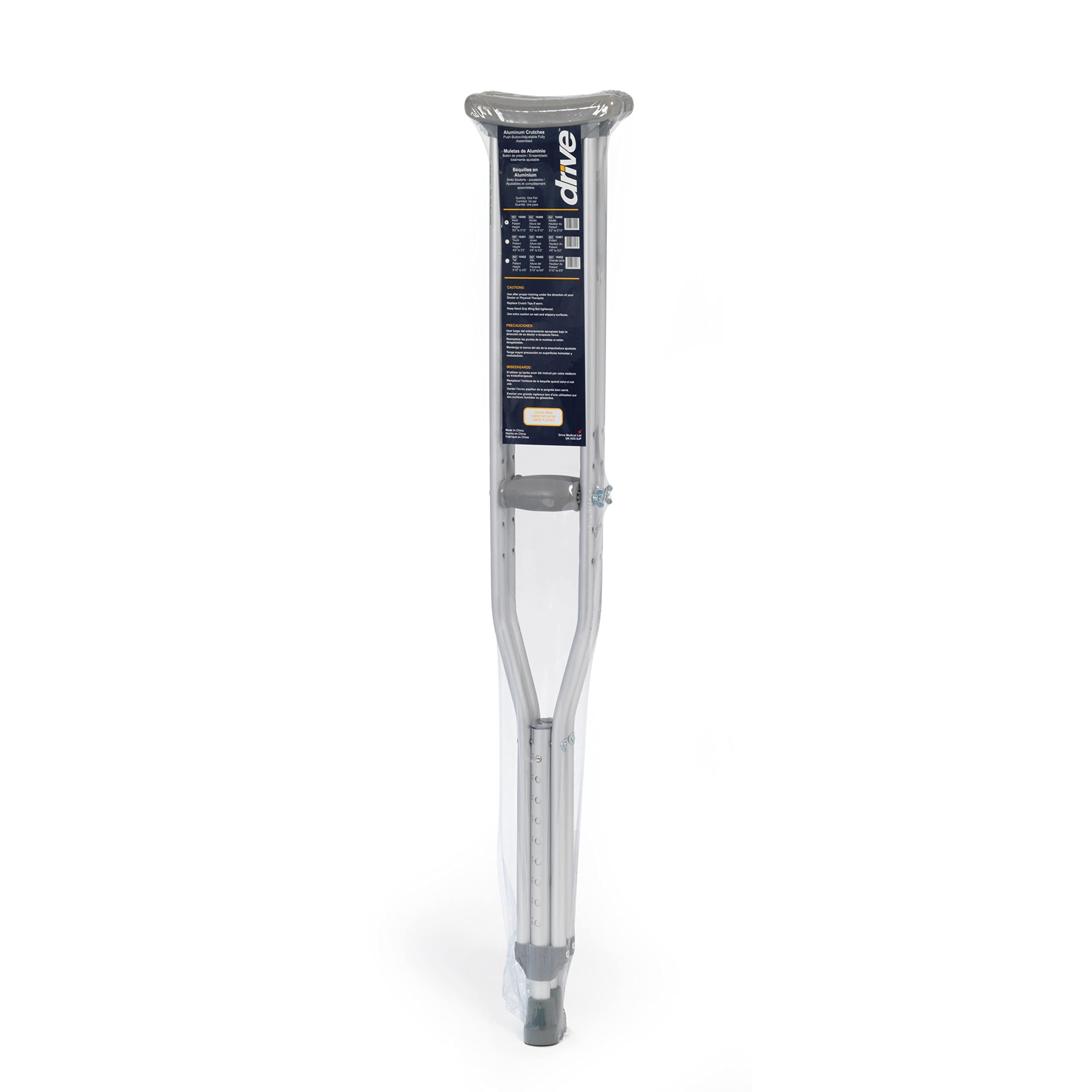 Drive Devilbiss Aluminium Underarm Crutches Adult Size 114cm to 134cm Adjustable Height Lightweight Walking Aids Pair - Like New