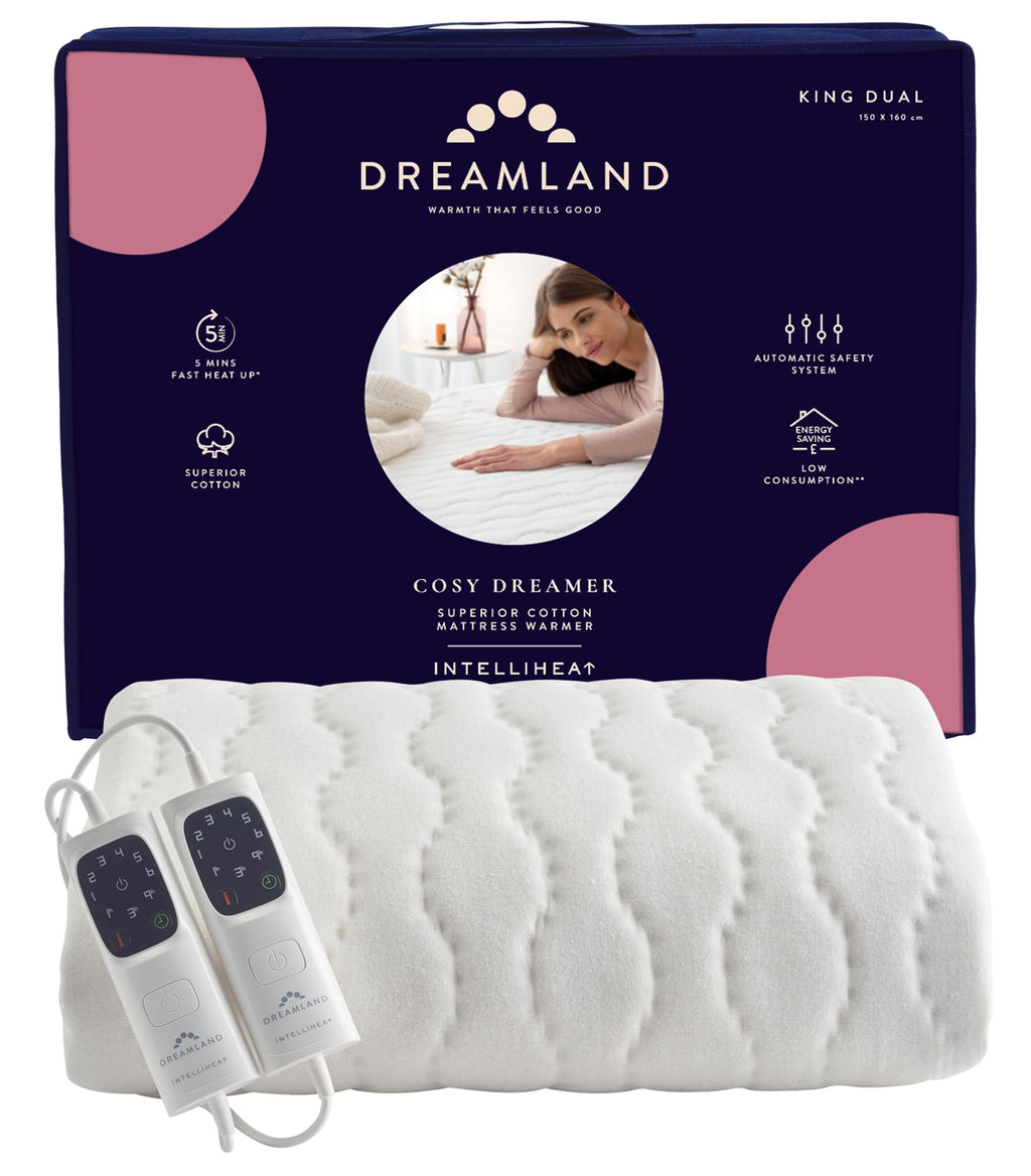 Dreamland Cosy Dreamer Electric Underblanket King Size Italian Cotton Heated Mattress Protector with Intelliheat 6 Settings and Auto Shut