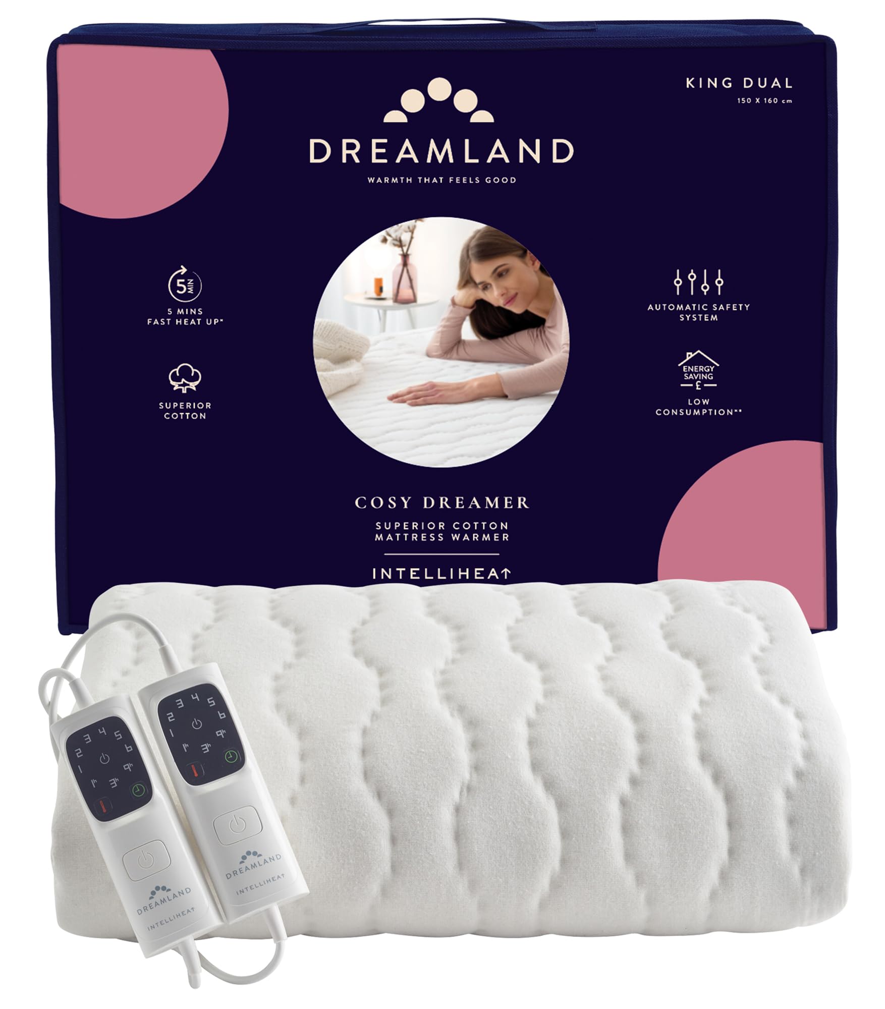 Dreamland Cosy Dreamer Electric Underblanket King Size Italian Cotton Heated Mattress Protector with Intelliheat 6 Settings and Auto Shut