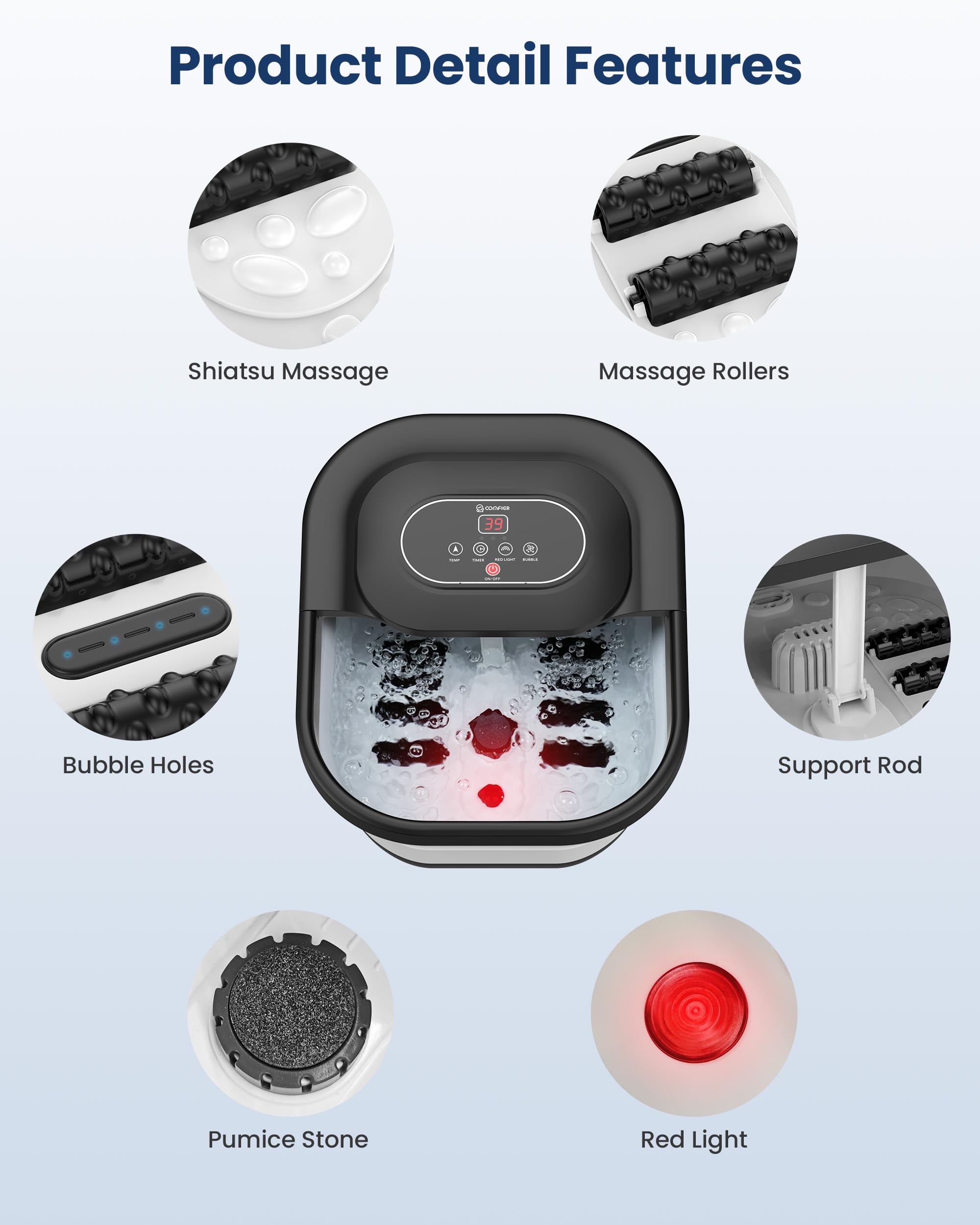 Comfier Foot Spa Massager with Heat Bubbles and Vibration, Heated Foot Bath with Temperature Control, Pedicure Pumice Stone, Black - Damaged Box