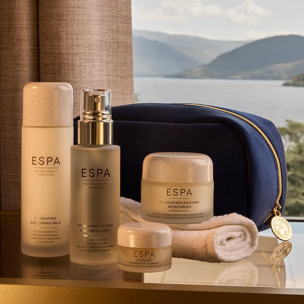 ESPA Hydration Collection | Luxury Spa Skincare Gift Set with Rose & Chamomile | Cleanser, Mist, Moisturiser, Overnight Mask, Cloth & Cosmetic Bag for Dewy, Hydrated Skin - Damaged Box